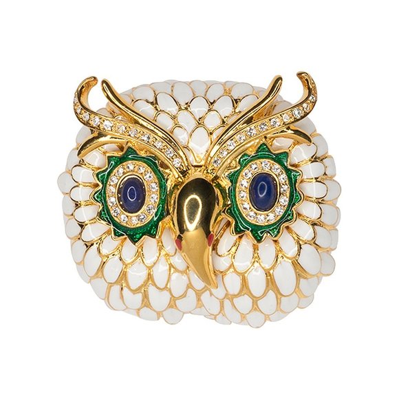 KENNETH J LANE LARGE OWL BROOCH | #1735175074 KENNETH JAY LANE, WHITE ENAMEL OWL PIN WITH BLUE EYES